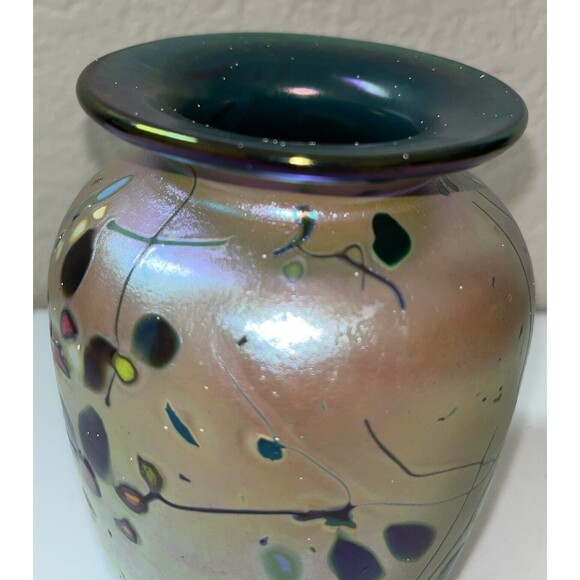 Rick Hunter ? Studio Art Glass 6 Inch Vase Abstract Design Iridescent Dated 2012 - Picture 6 of 16